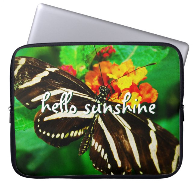 Hello Sunshine Script Black White Stripe Butterfly Laptop Sleeve (Front)