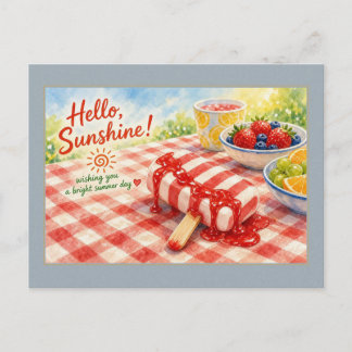 Hello Sunshine Strawberry Popsicle Picnic Postcard