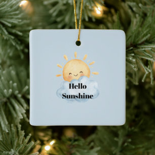 Hello Sunshine Yellow Happy Sun Cloud Christmas Ceramic Ornament