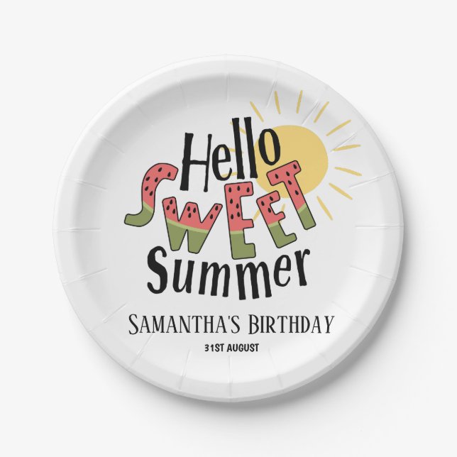 Hello Sweet Summer Watermelon Pool Party Bday Paper Plate (Front)