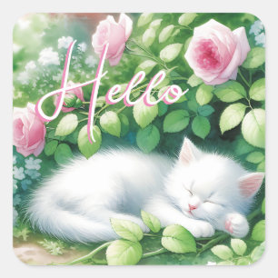 Hello Sweet White Kitten Napping Square Sticker