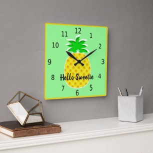 Hello Sweetie, cute yellow pineapple, kitchen  Square Wall Clock