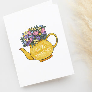 Hello Sweetie Teapots with Flowers Blank Thank You Card