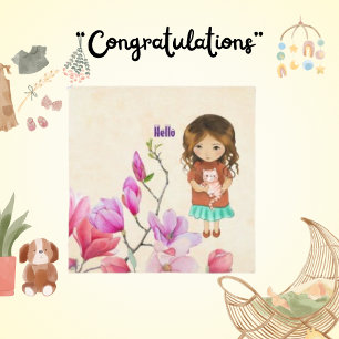 Hello Text Personalised Cute Girl Cat Card