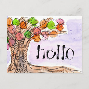 Hello & Thank You - Fun Leafy Tree Watercolor Postcard
