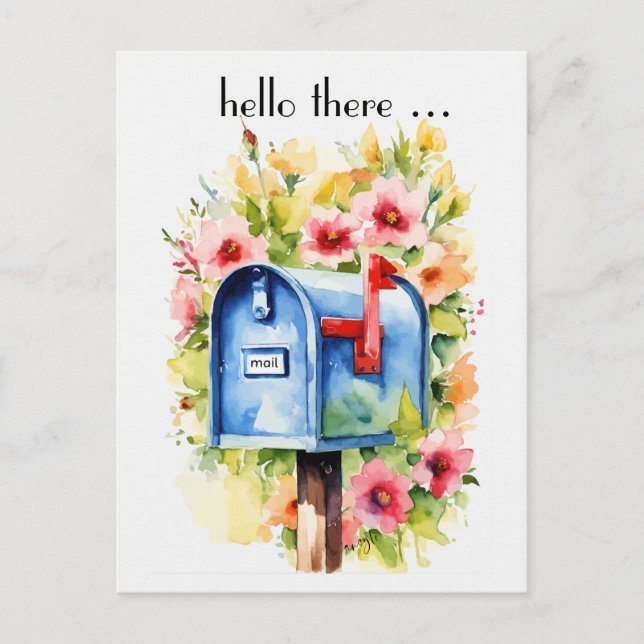 Hello There | Mailbox and Flowers Watercolor Postcard (Front)