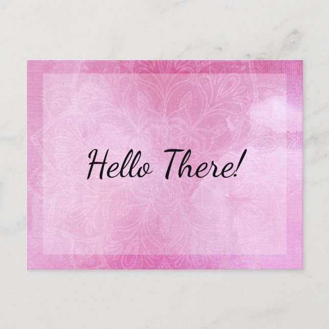 "Hello There!" Note, Mandala with Pink Watercolor Postcard (Front)