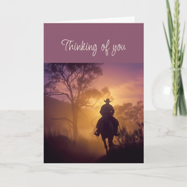 Hello Thinking of You Cowboy Riding Horse Sunset Card (Front)