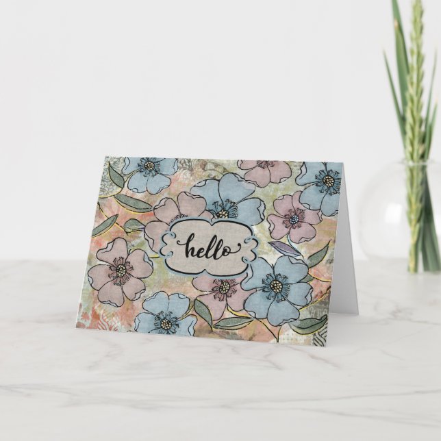 Hello Thinking of You Pink and Blue Painted Flower Card (Front)