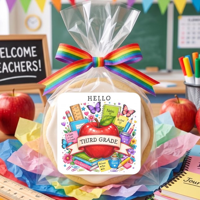 Hello Third Grade Retro Apple Square Sticker (Creator Uploaded)
