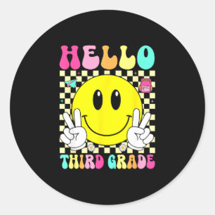 Hello third grade retro smile face back to school classic round sticker
