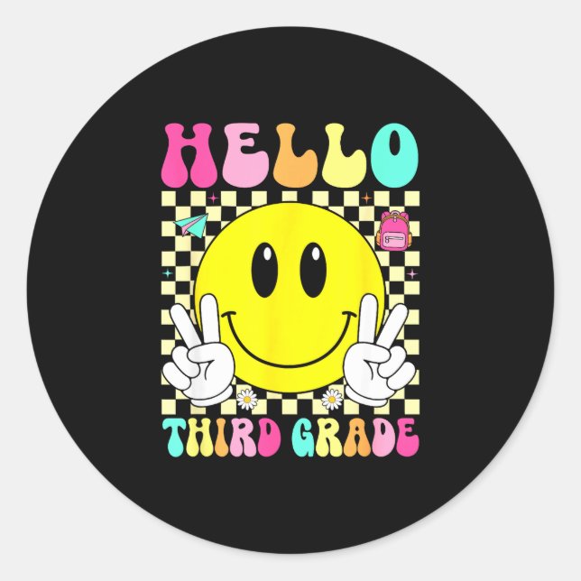 Hello third grade retro smile face back to school classic round sticker (Front)
