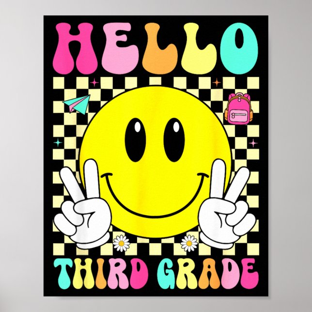 Hello third grade retro smile face back to school poster (Front)