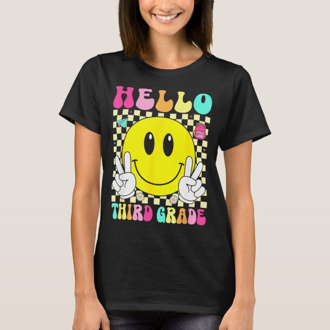 Hello third grade retro smile face back to school T-Shirt (Front)