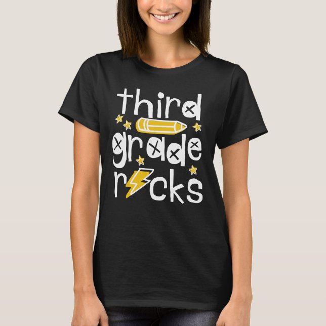 Hello Third Grade Rocks Third Grade Teacher T-Shirt (Front)