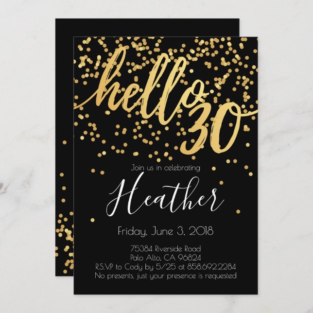 Hello Thirty 30th Birthday Gold and Black Confetti Invitation (Front/Back)