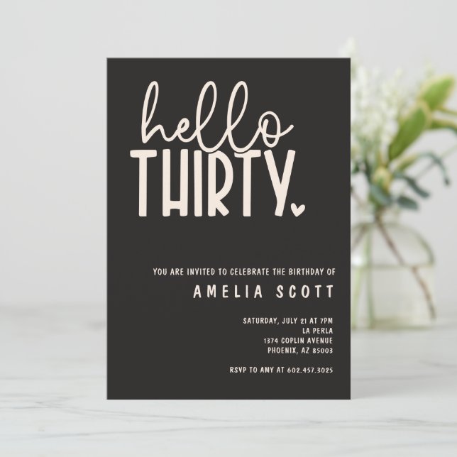 Hello Thirty 30th Birthday Modern Black Minimal Invitation (Standing Front)