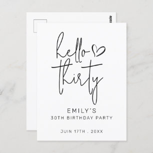 Hello Thirty Birthday Minimal Black White Modern Postcard