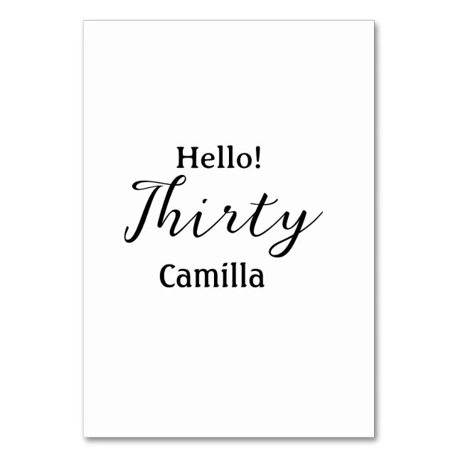 Hello thirty birthday name simple minimal elegant  table number (Front)