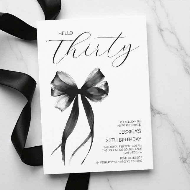 Hello Thirty Black and White Bow 30th Birthday Invitation (Hello Thirty Black and White Bow 30th Birthday Invitation)