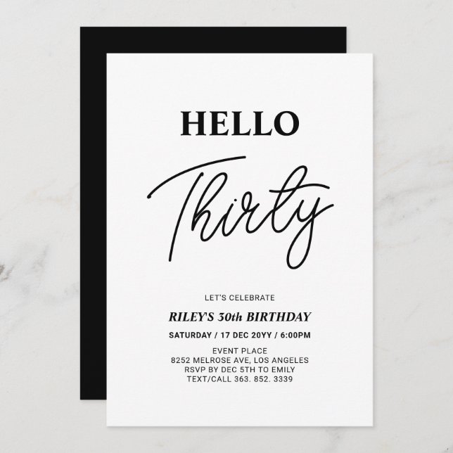 Hello Thirty | Black & White 30th Birthday Party Invitation (Front/Back)