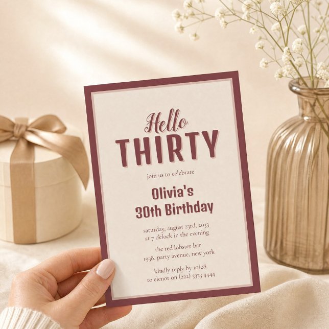 Hello Thirty Burgundy Script Birthday Invitation (Creator Uploaded)