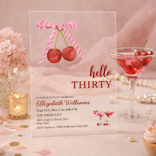 Hello Thirty Cherry Martini Birthday Party Acrylic Invitations