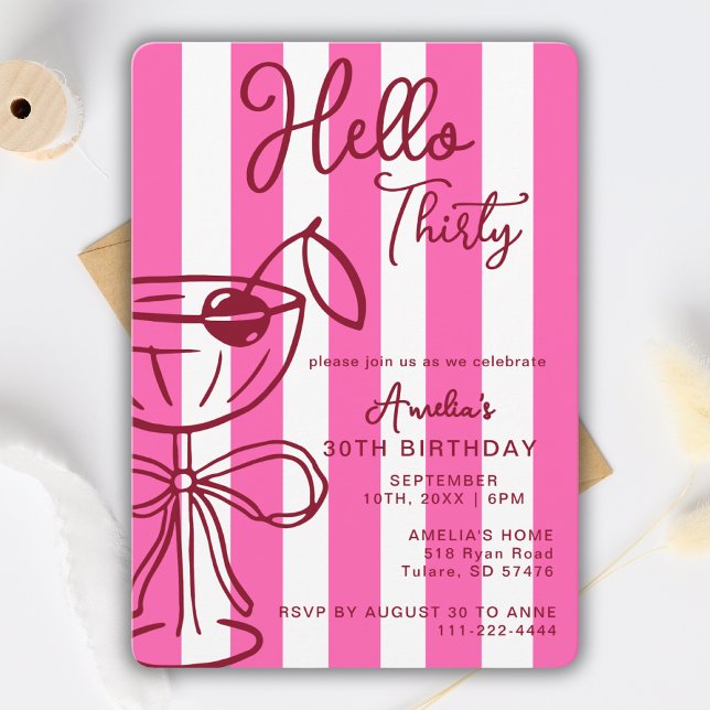 Hello Thirty Coctail 30th Birthday Pink Red Invitation (Creator Uploaded)