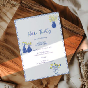 Hello Thirty Elegant Blue Floral 30th Birthday Invitation