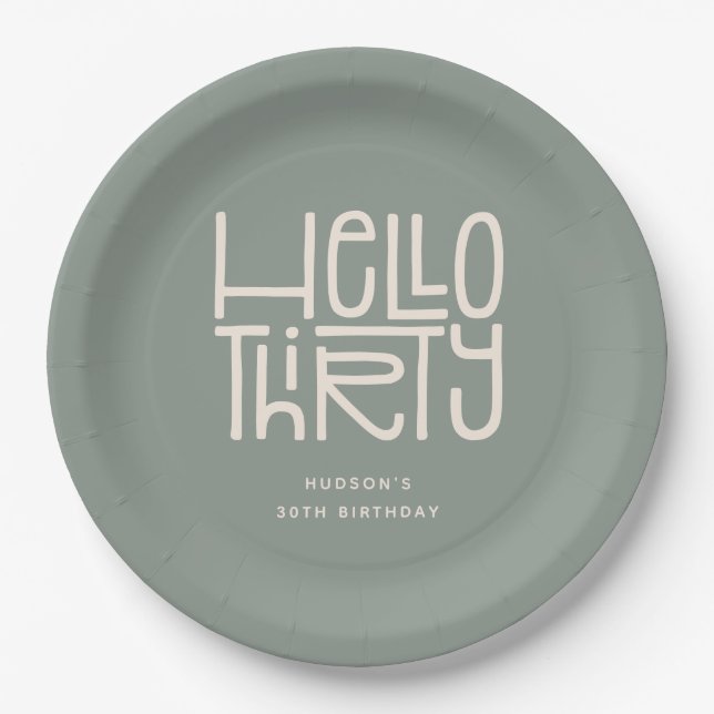 HELLO THIRTY Modern 30th Birthday Paper Plate (Front)