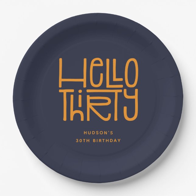HELLO THIRTY Modern 30th Birthday Paper Plate (Front)
