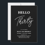 Hello Thirty | Modern Black 30th Birthday Party Invitation<br><div class="desc">Invite your guests with this stylish 30th birthday invitation. This design features a modern script "Hello Thirty" in black & white colour theme. You can customise all the text. Matching party supplies are available at my shop BaraBomDesign.</div>