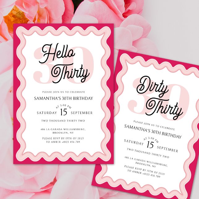 Hello Thirty Pink Curvy Groovy 30th Birthday Invitation (Creator Uploaded)