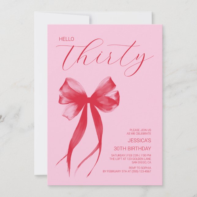 Hello Thirty  Pink Modern Bow 30th Birthday Party Invitation (Front)