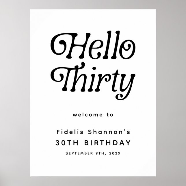 Hello Thirty Retro 30th Birthday Welcome Sign (Front)