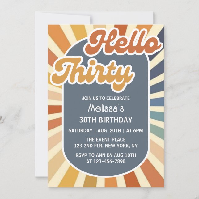 Hello Thirty Retro Sun Groovy Wave Birthday Invitation (Front)