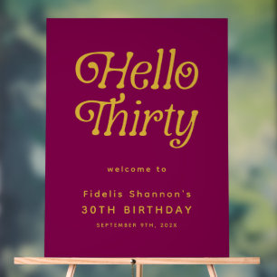 Hello Thirty Retro Wine red & gold 30th Birthday Acrylic Sign