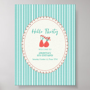 Hello Thirty Vintage Floral Stripes 30th Birthday Poster