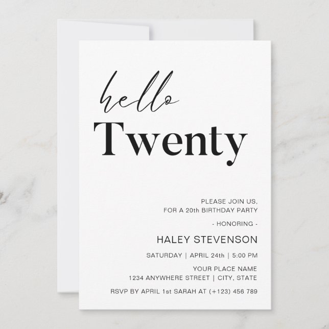 Hello Twenty Modern White Minimalist 20th Birthday Invitation (Front)