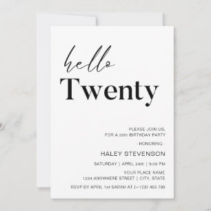 Hello Twenty Modern White Minimalist 20th Birthday Invitation