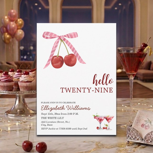 Hello Twenty Nine Cherry Martini Birthday Party Invitation (Creator Uploaded)