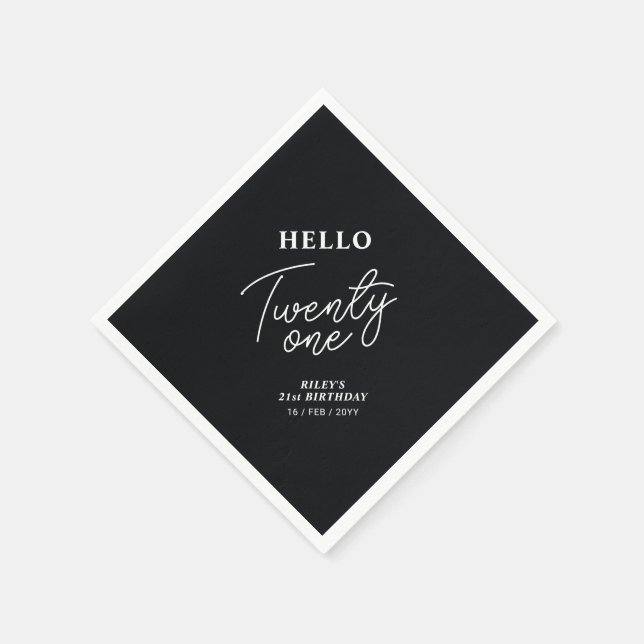 Hello Twenty one | Black 21st Birthday Party Napkin (Corner)