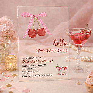 Hello Twenty One Cherry Martini Birthday Party Acrylic Invitations