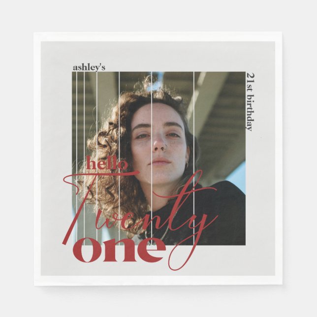 Hello Twenty One Modern Image 21st Birthday Napkin (Front)