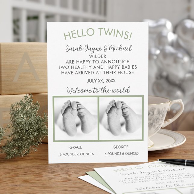 Hello Twins Photo Birth Announcement Card (A gender neutral birth announcement with space for your new baby photos and Hello Twins text)