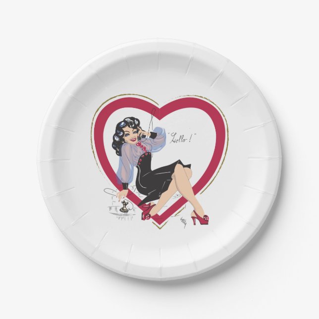 Hello Valentine Pin-Up Girl Paper Plate (Front)