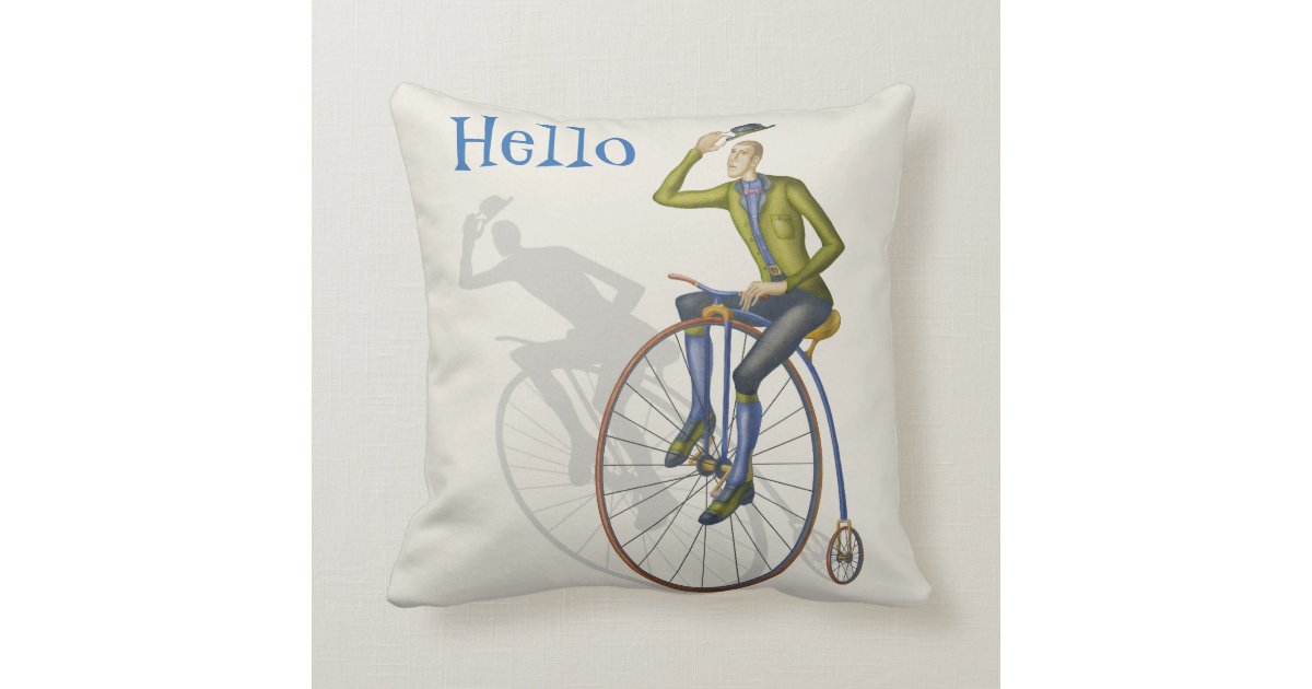 Hello, vintage bicycle rider throw pillow Zazzle
