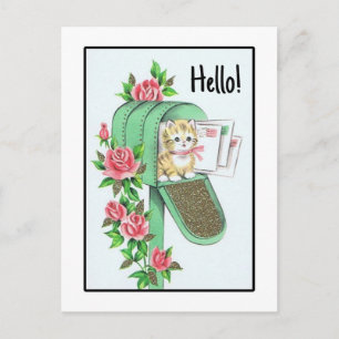 Hello! Vintage Kitten in Green Mailbox Postcard