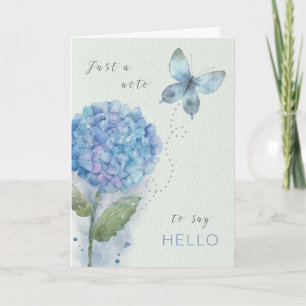 Hello Watercolor Blue Hydrangea and Butterfly Card