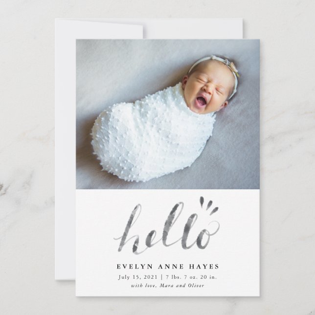 Hello Watercolor Script Baby Photo Birth Announcement (Front)
